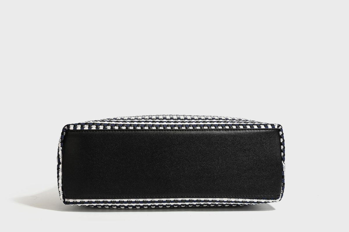 Slouchy woven stripe hobo shoulder bag with black-and-white pattern and leather-look strap, detail view 29