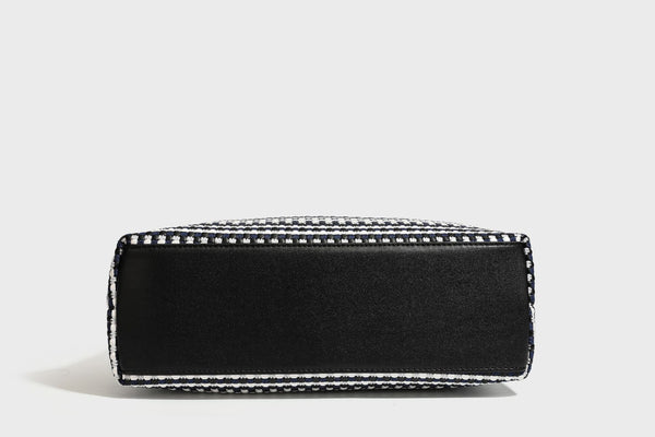 Slouchy woven stripe hobo shoulder bag with black-and-white pattern and leather-look strap, detail view 29