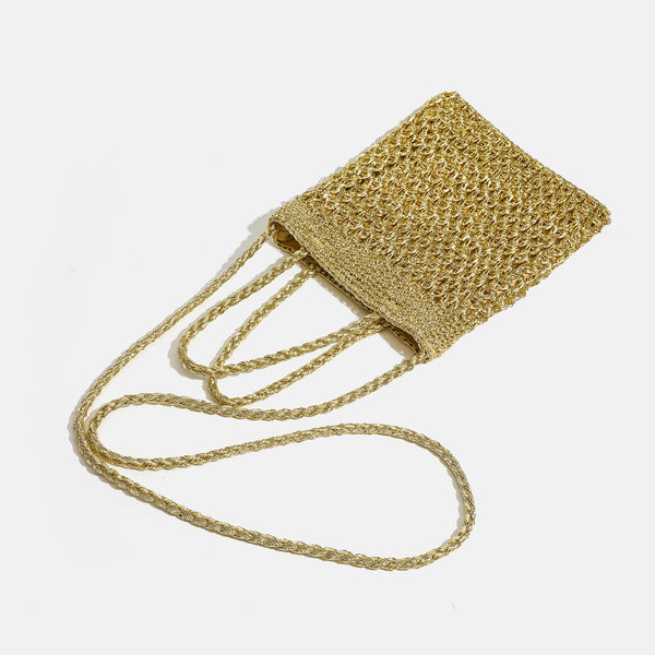 Small soft rectangular metallic crochet-weave shoulder bag with braided top handle and long crossbody strap, detail view 4