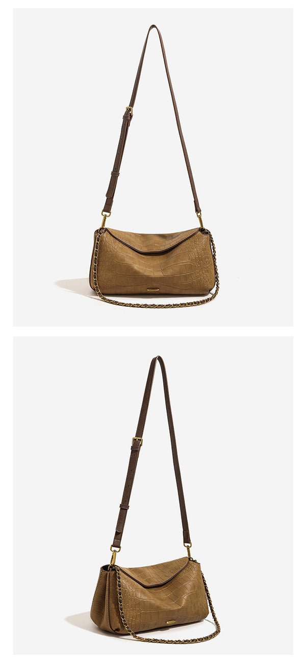 Croc-embossed pillow crossbody shoulder bag with gold-tone chain strap and flap closure, detail view 10
