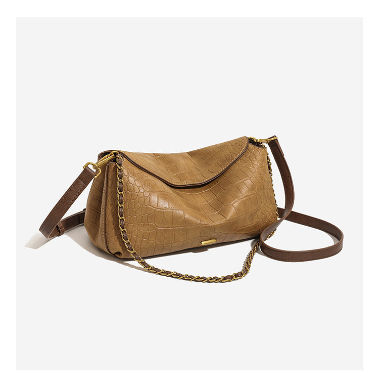 Croc-embossed pillow crossbody shoulder bag with gold-tone chain strap and flap closure, detail view 8
