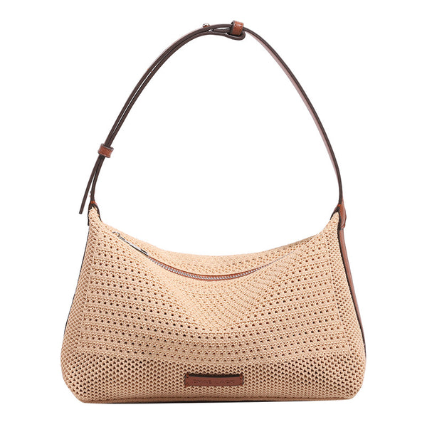 Compact open-weave hobo shoulder bag with zip top, leather-look trim, and adjustable strap, detail view 5
