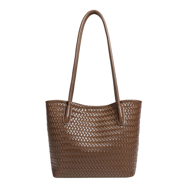 Structured woven leather-look tote bag with long shoulder straps and matching zippered pouch, detail view 5