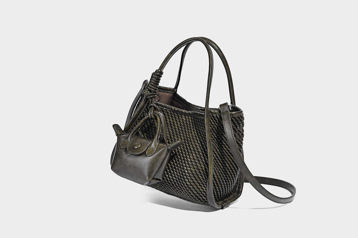 Large structured woven rope-texture tote bag with smooth leather-look trim, knotted dual top handles, detachable mini front