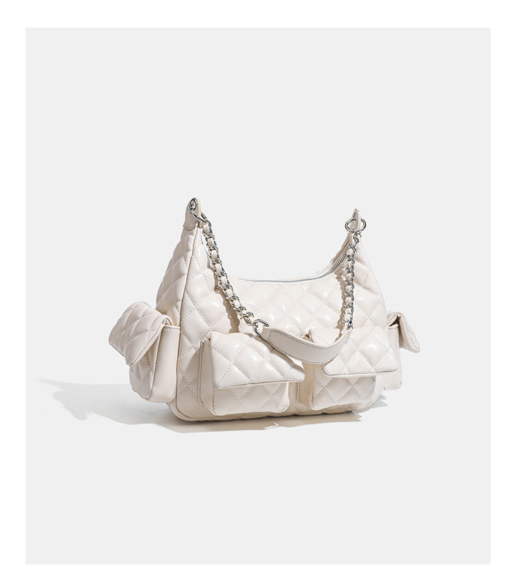 Off-white quilted leather-look hobo shoulder bag with diamond stitching, chain-and-strap handle, two front flap pockets