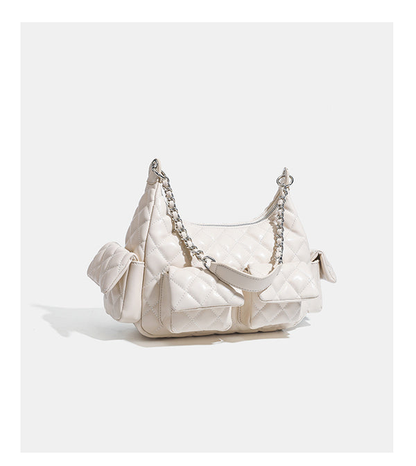 Off-white quilted leather-look hobo shoulder bag with diamond stitching, chain-and-strap handle, two front flap pockets