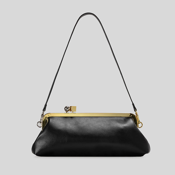 Strukturierte Clutch mit Kiss-Lock-Rahmenverschluss aus dunkelbrauner, krokodil-geprägter Lederoptik mit goldfarbenen Details und schmalem