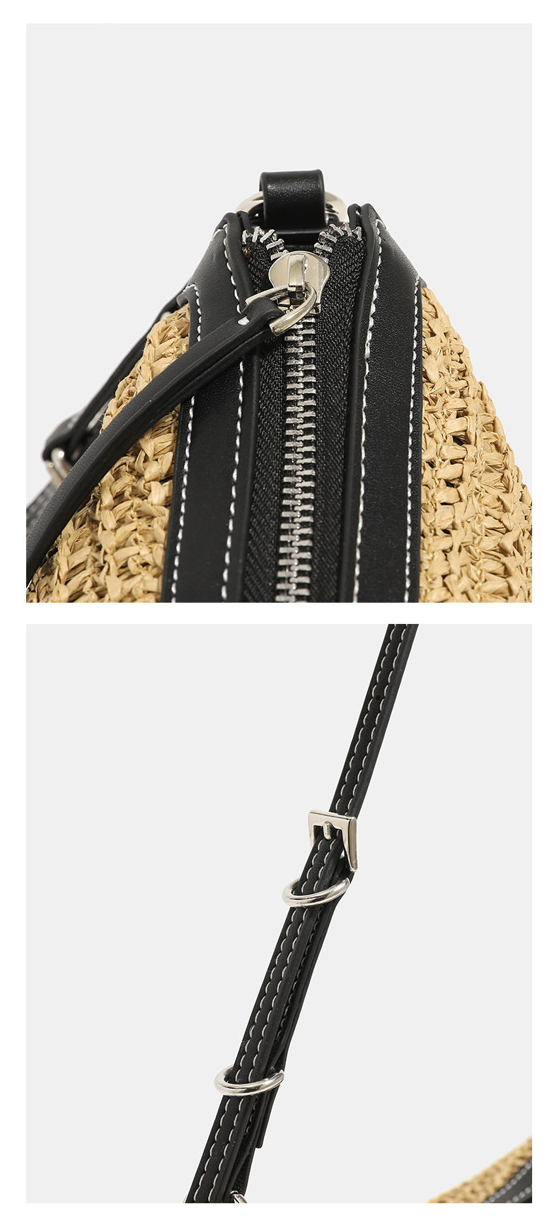 Compact crescent-shaped woven straw crossbody bag with black leather-look trim, top zip closure, and adjustable shoulder