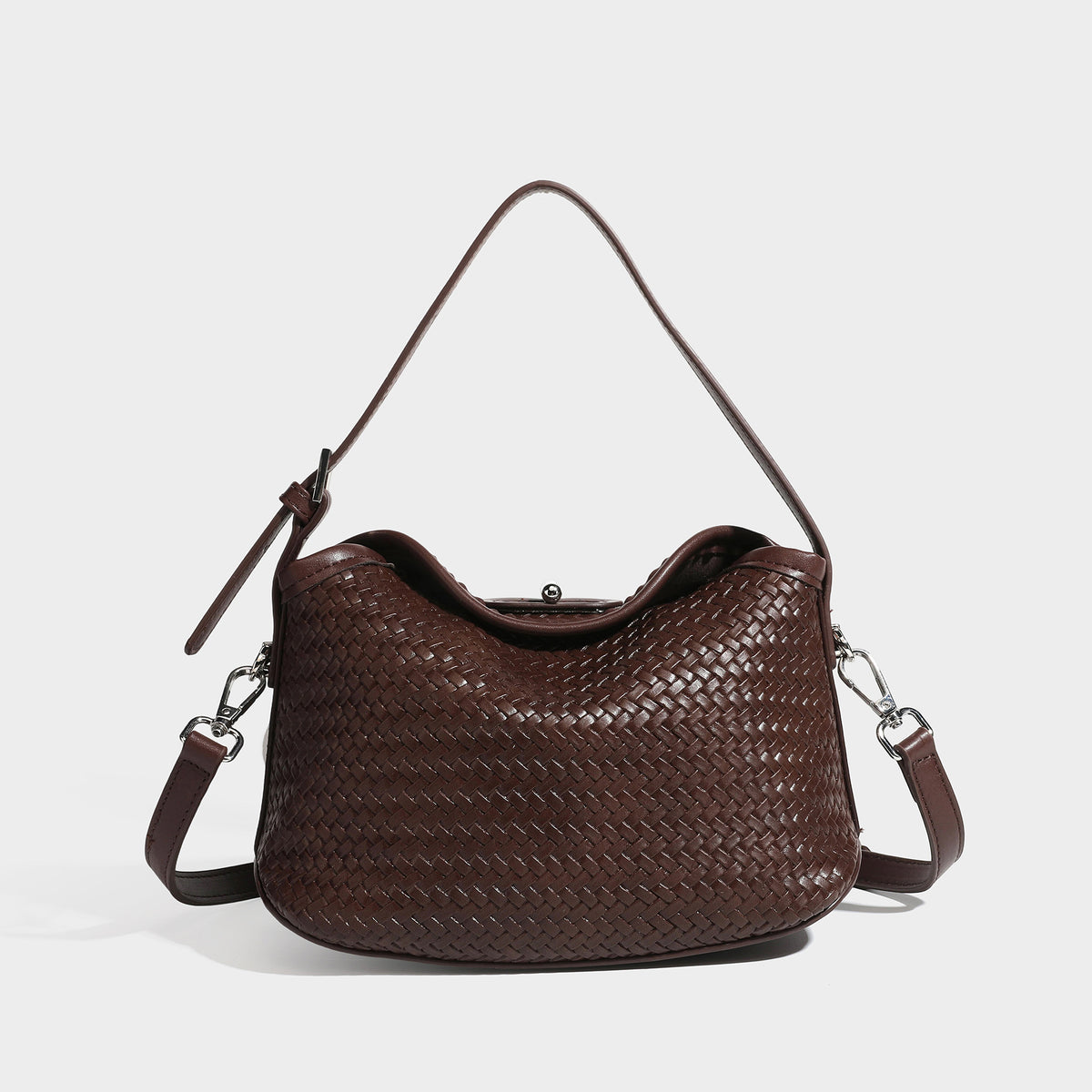 Small woven-look leather-look flap shoulder hobo bag in burgundy with silver-tone hardware and decorative tassel charm