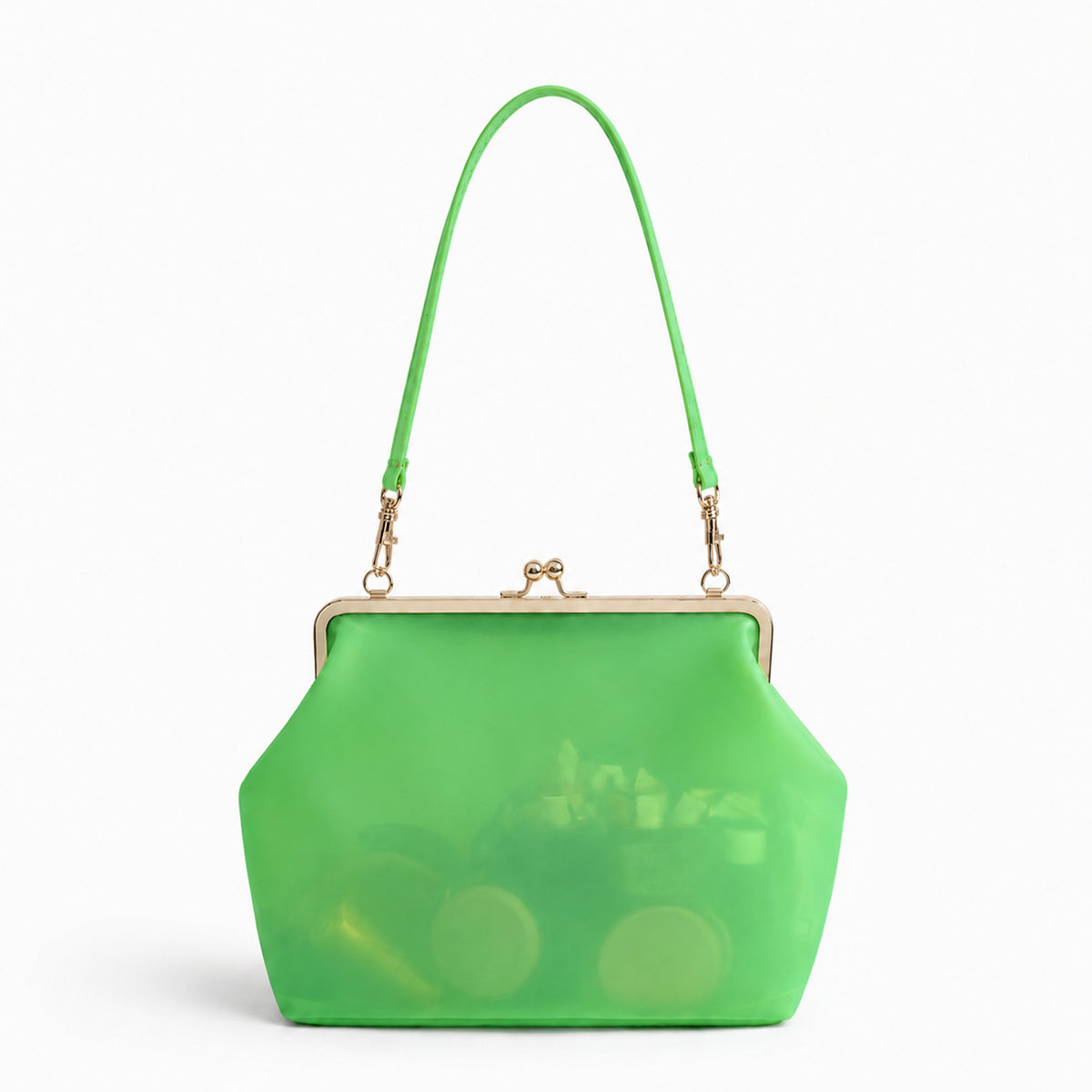 Structured translucent pastel frame-clasp shoulder bag with gold-tone hinged ball clasp and slim top handle, front view