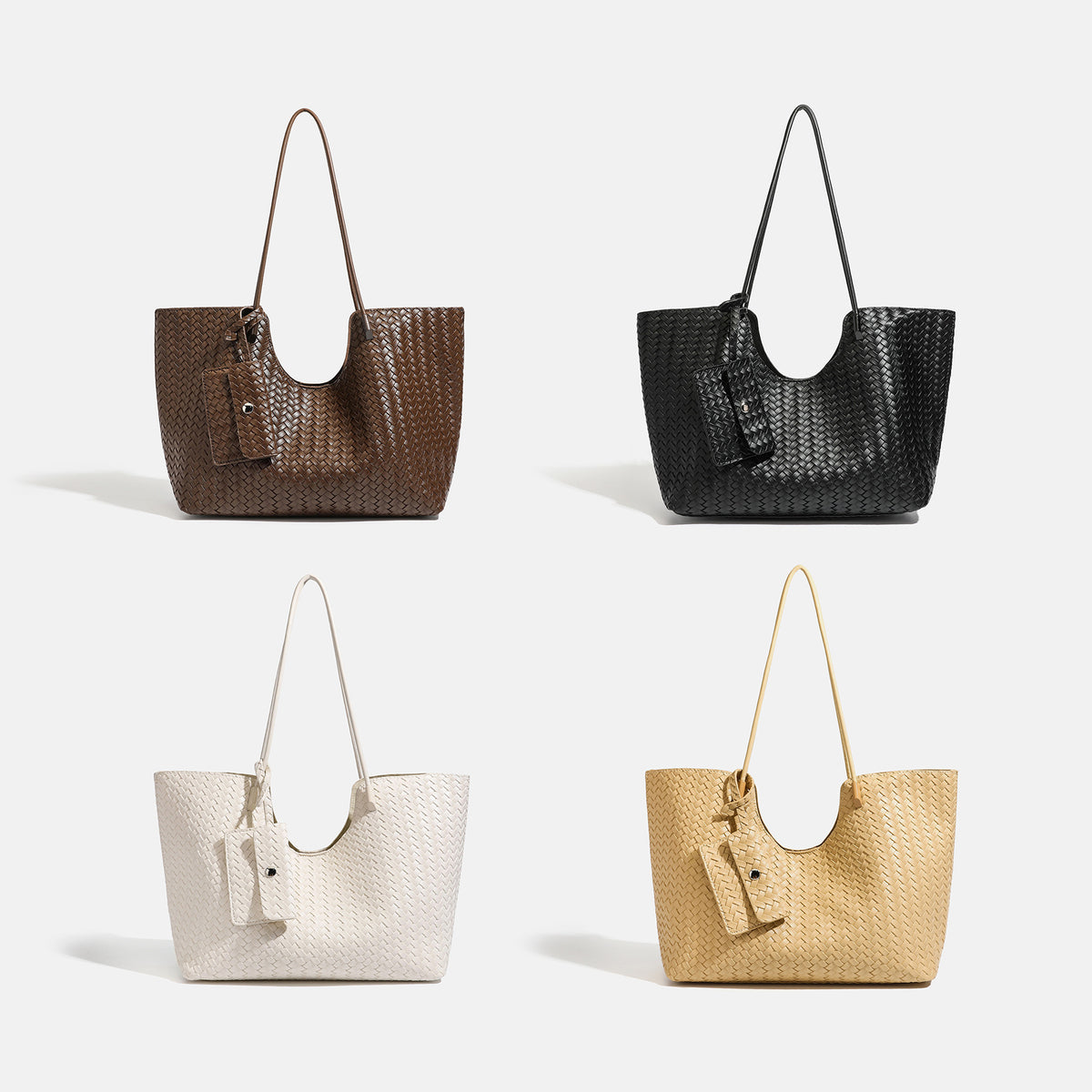 Brown woven leather-look open-top tote bag with long shoulder straps and matching zip pouch, detail view 2