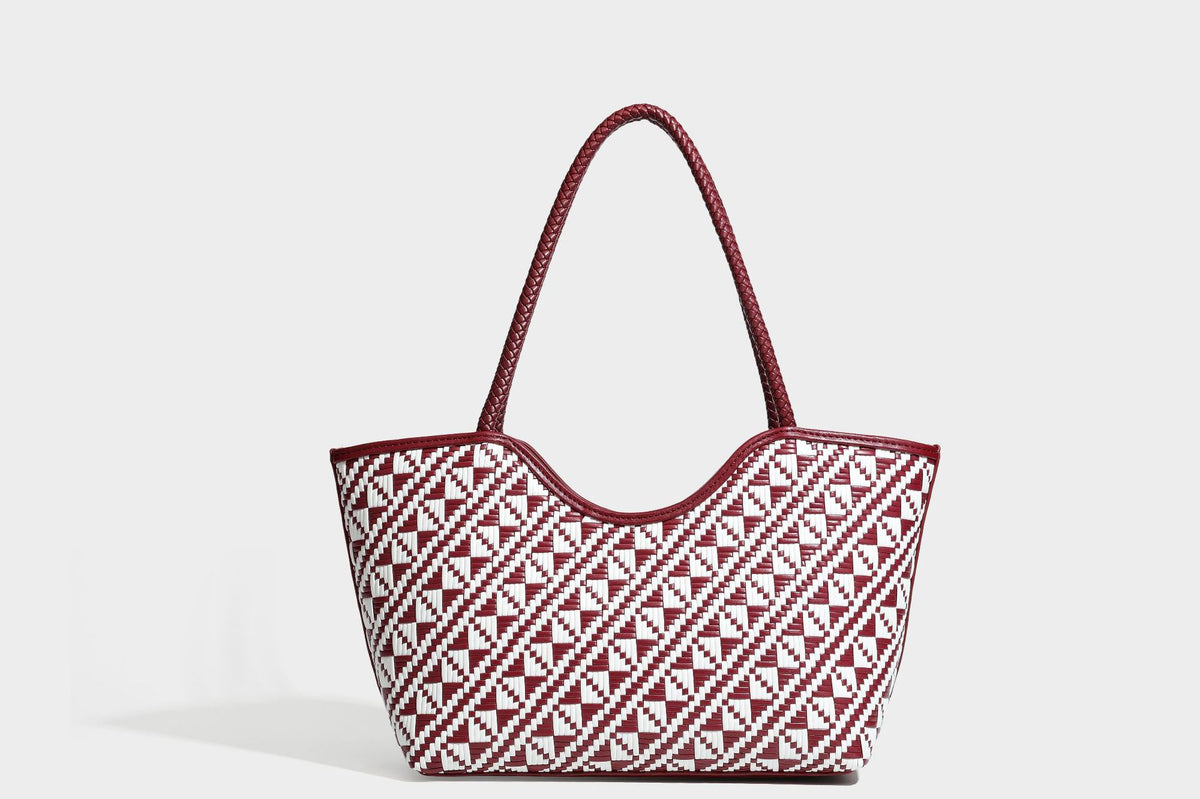 Woven geometric two-tone tote bag with braided shoulder straps and leather-look trim, detail view 33