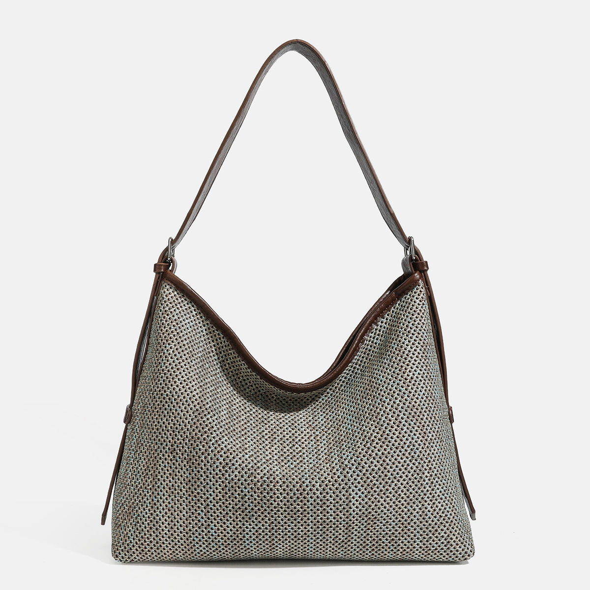 Large slouchy woven shoulder bag with dark brown leather-look trim and adjustable strap, detail view 7