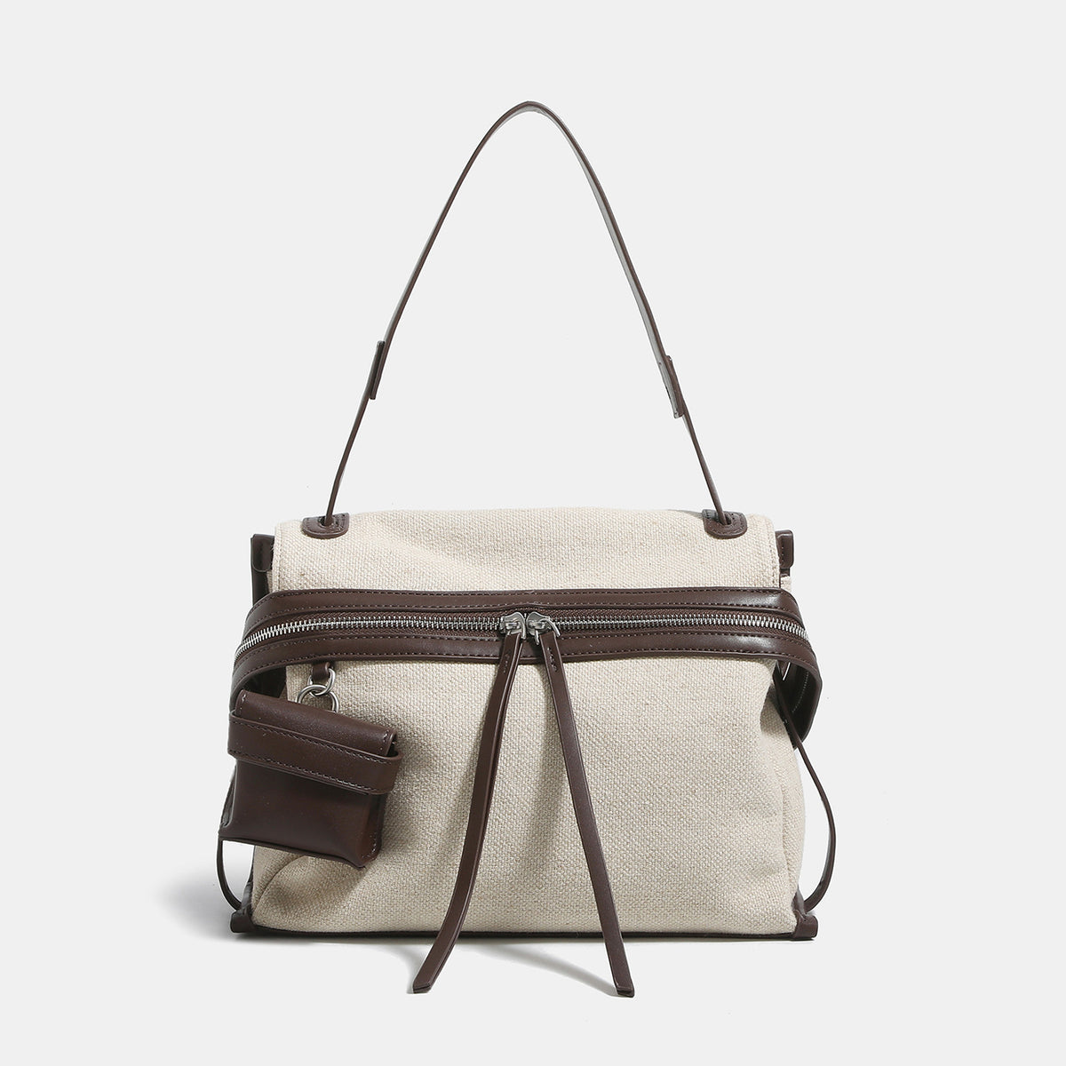 Off-white woven cotton-linen shoulder bag with brown leather-look trim, dual zip closure, long zipper pulls, front exterior