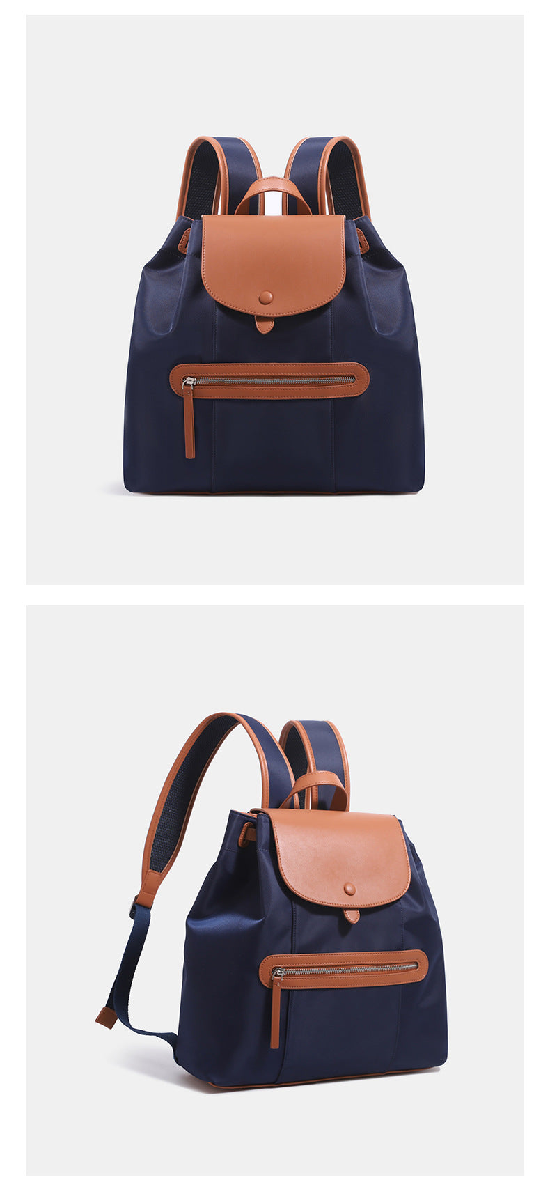 Structured flap backpack handbag with snap closure and front zip pocket, detail view 9