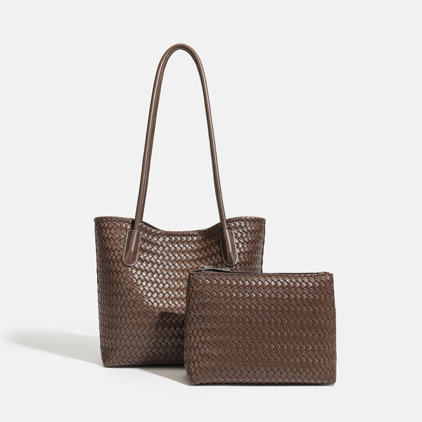 Structured woven leather-look tote bag with long shoulder straps and matching zippered pouch, detail view 2