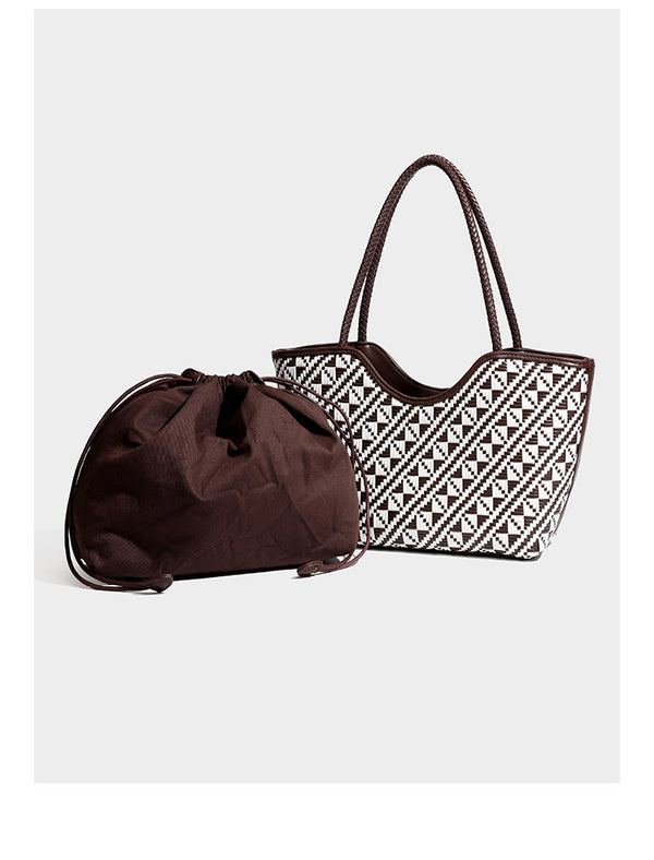 Woven geometric two-tone tote bag with braided shoulder straps and leather-look trim, detail view 10