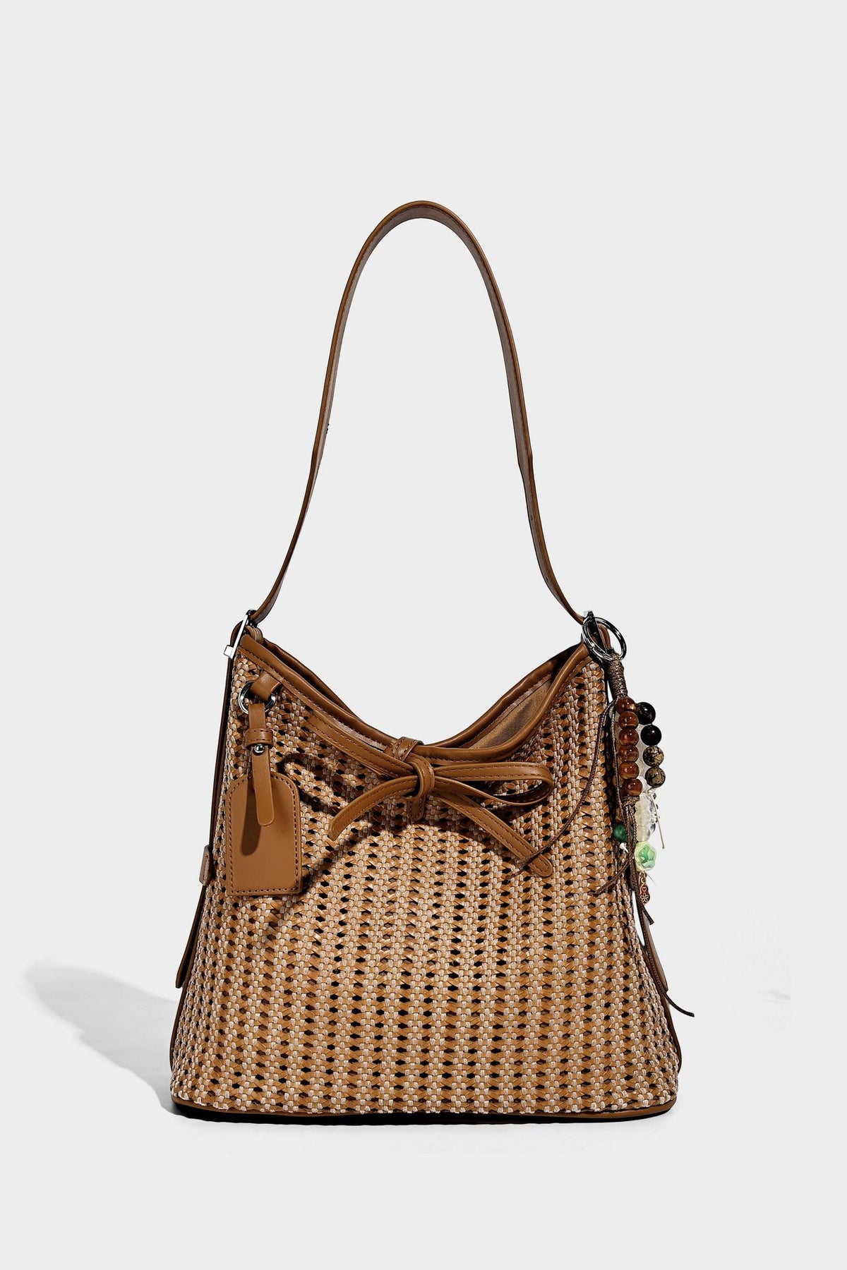 Slouchy open-weave shoulder tote bag with leather-look tan trim, tie-front closure, and long adjustable strap, detail view 14