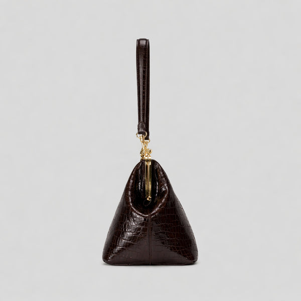 Trapezoid kiss-lock frame shoulder bag with gold-tone hardware and slim adjustable strap, detail view 15