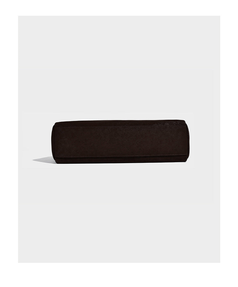 Structured rectangular matte suede-like shoulder bag with silver-tone hardware, zip closure, double top handles, and, detail
