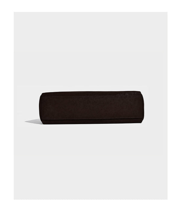 Structured rectangular matte suede-like shoulder bag with silver-tone hardware, zip closure, double top handles, and, detail