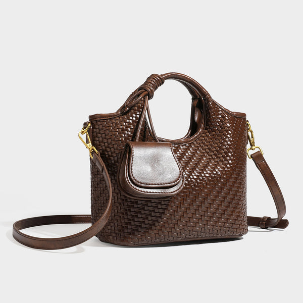 Woven leather-look tote bag in mocha brown with knotted top handle, front flap pocket, and detachable crossbody strap with