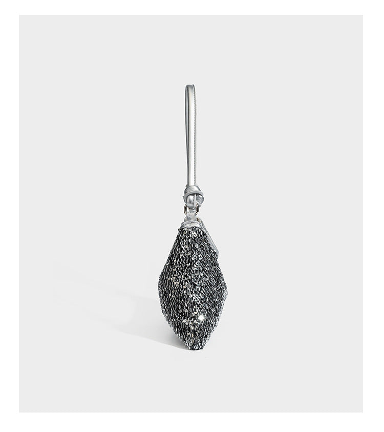Small sequin hobo shoulder bag with knotted strap and zip closure, detail view 14