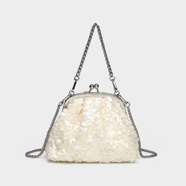 Small structured sequin kiss-lock evening bag with silver-tone chain strap in cream white, detail view 6