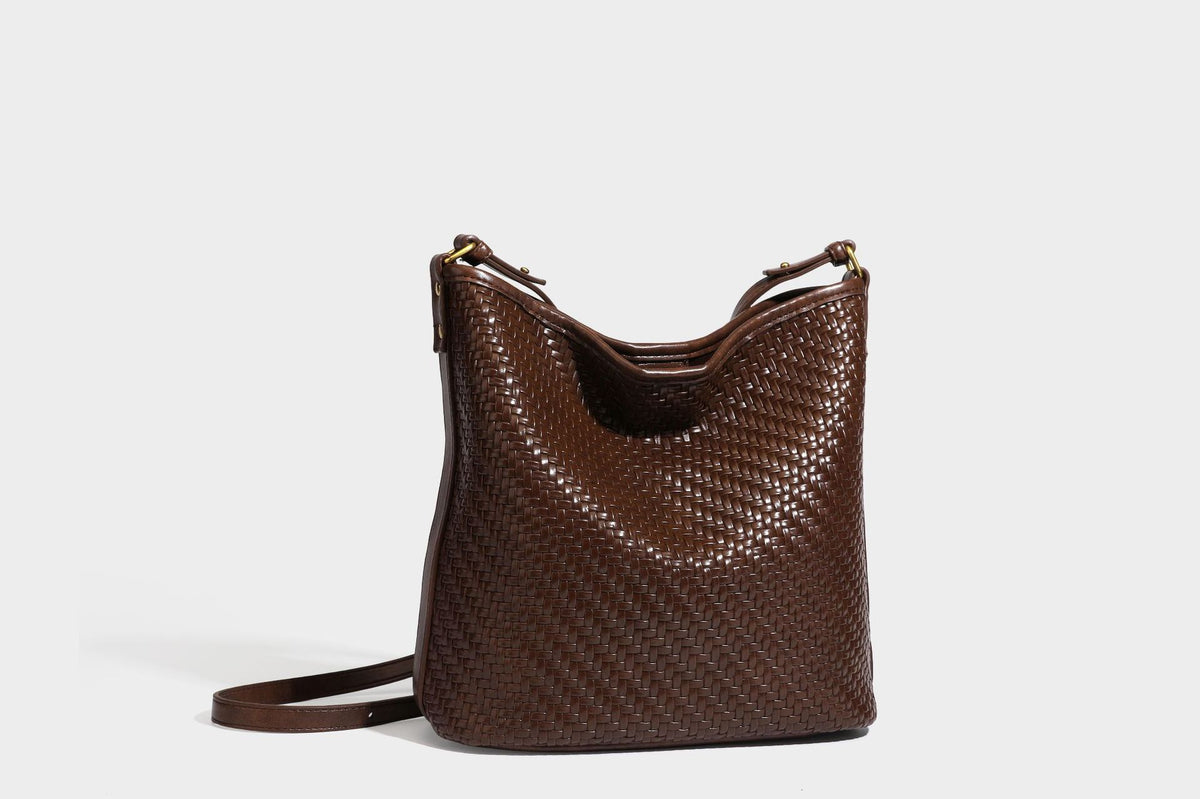 Woven-look slouchy hobo shoulder bag in brown with attached mini pouch and gold-tone hardware, detail view 36