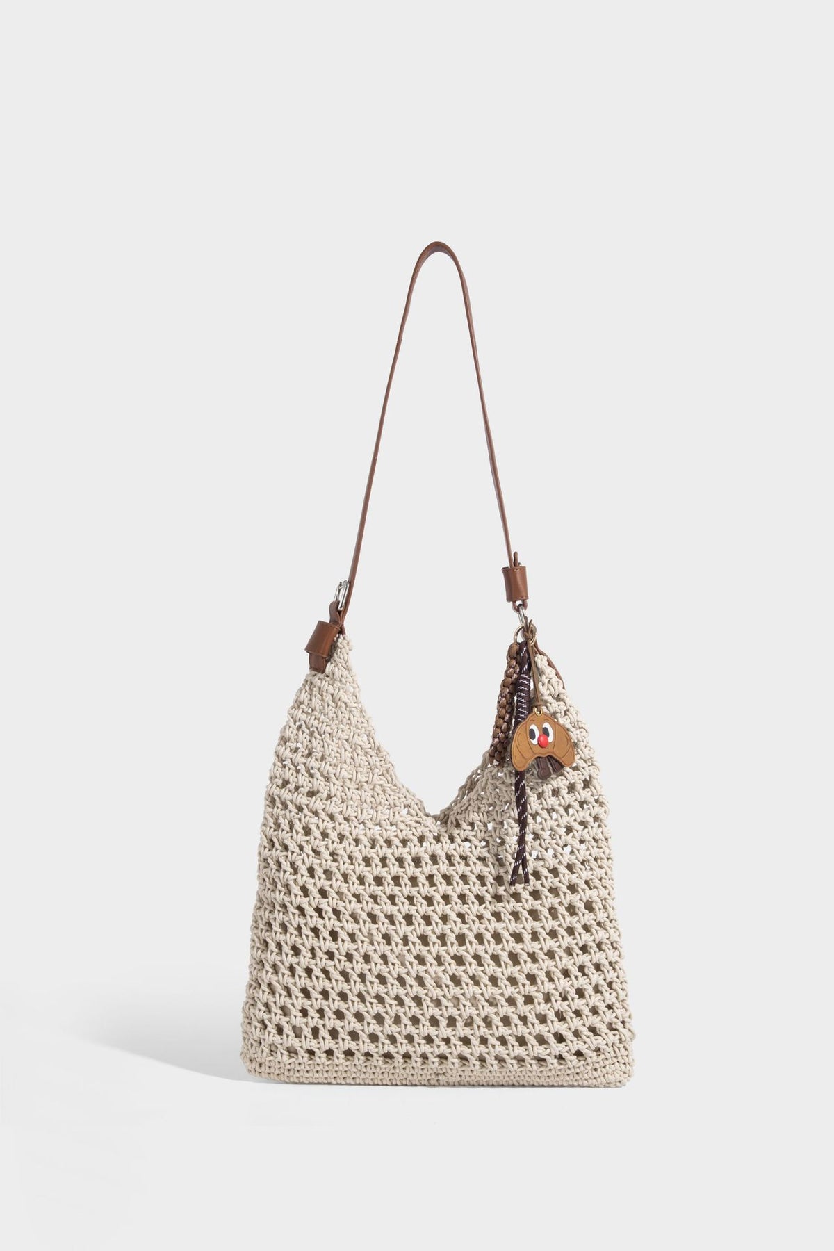 Slouchy open-knit crochet hobo tote bag with leather-look top handle and metal buckle hardware, detail view 34