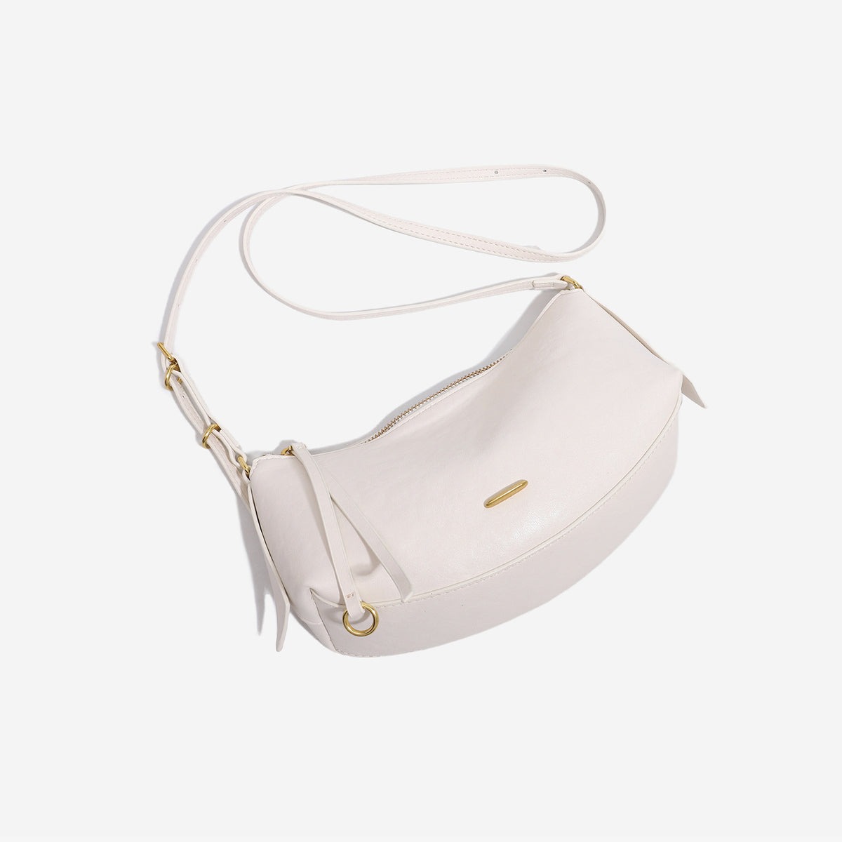Compact soft rounded zip-top shoulder bag with gold-tone hardware and adjustable crossbody strap, detail view 4