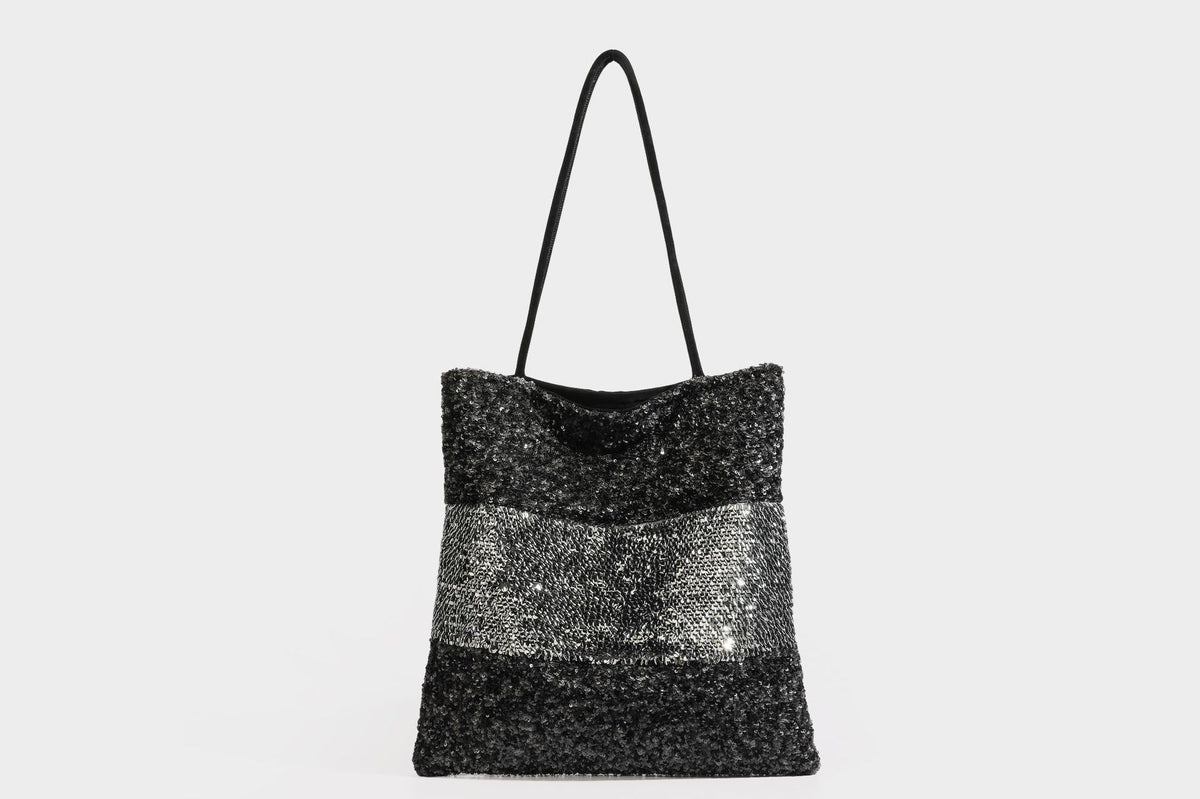 Soft rectangular sequin tote bag with colorblock metallic panels and long slim shoulder straps, detail view 20