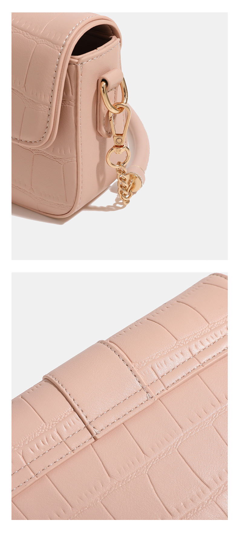 Small structured crocodile-embossed flap shoulder bag with circular gold turn-lock closure and chain-accent strap, detail