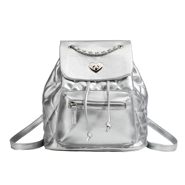Quilted leather-look backpack with heart turn-lock clasp and woven chain handles, detail view 5