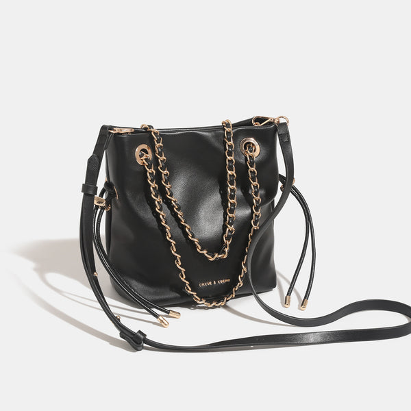 Glatte Bucket-Bag in Lederoptik mit Kettenhenkeln und seitlichen Kordelzügen, Detailansicht 3