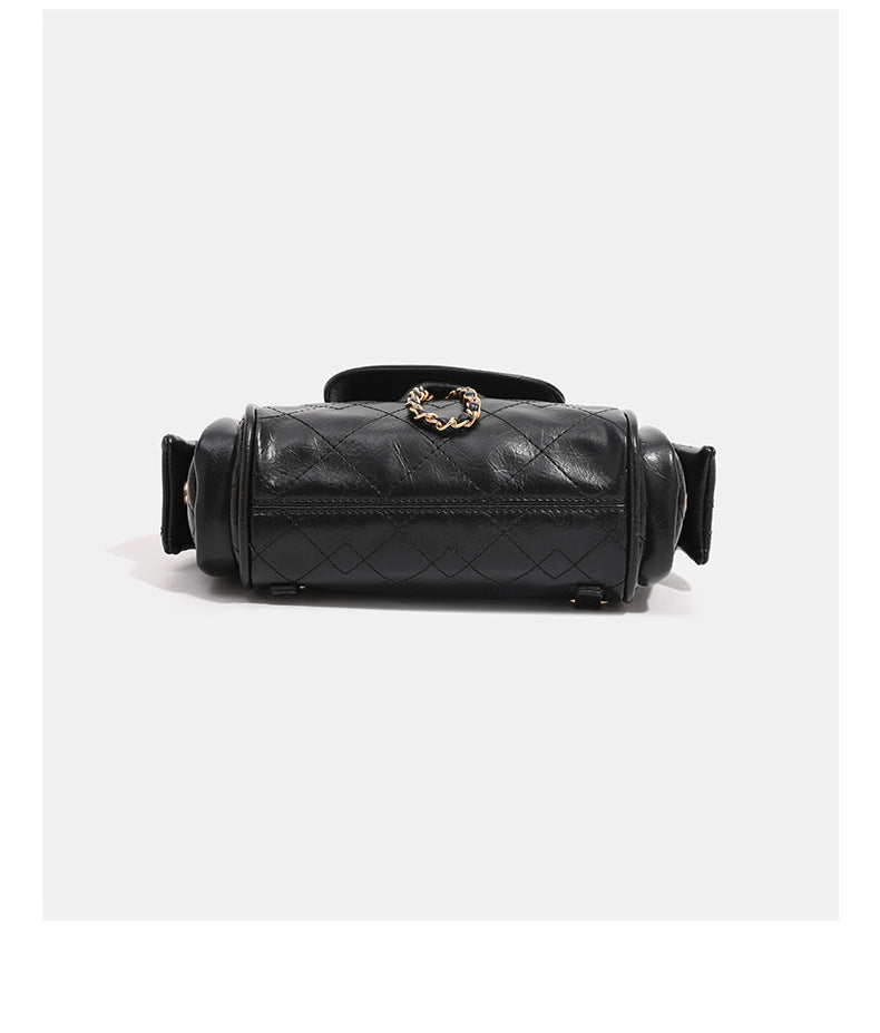 Small quilted leather-look flap bag with gold-tone chain strap and diamond stitch pattern, detail view 14