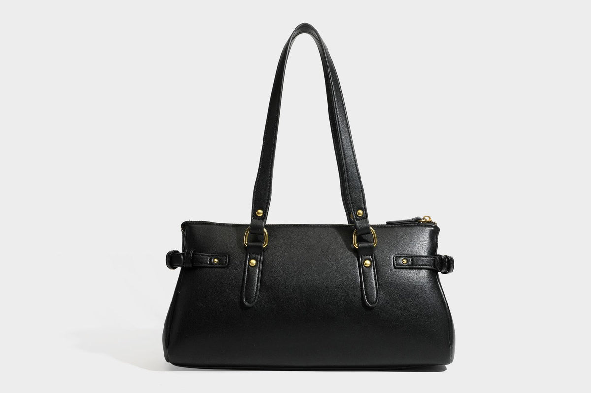 Strukturierte dunkelbraune Satchel-Tote in Lederoptik mit Ringverschluss in Antikgold-Optik, zwei Henkeln und seitlichem Riemen mit Schnalle