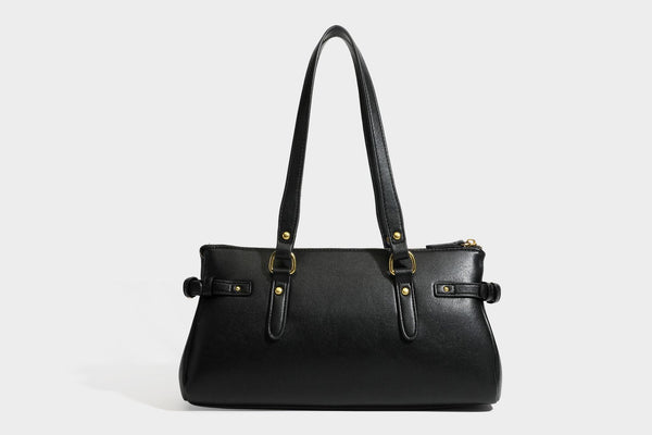 Strukturierte dunkelbraune Satchel-Tote in Lederoptik mit Ringverschluss in Antikgold-Optik, zwei Henkeln und seitlichem Riemen mit Schnalle