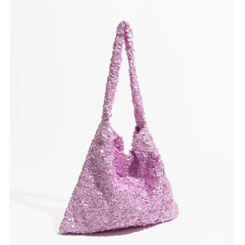 Slouchy all-over sequin shoulder tote bag with single strap and open top, detail view 2