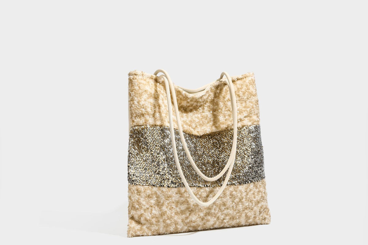 Soft rectangular sequin tote bag with colorblock metallic panels and long slim shoulder straps, detail view 31