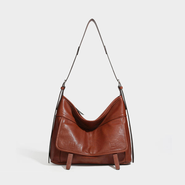 Lässig weich fallende Schulter- und Crossbody-Tasche in Lederoptik mit großem Fassungsvermögen, Fronttasche mit Klappe, Reißverschluss oben und langem verstellbarem Riemen