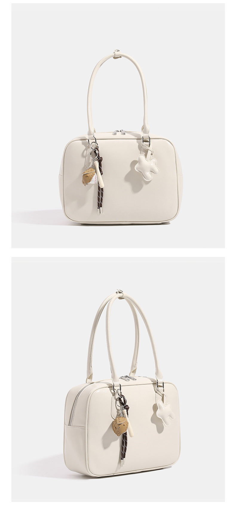 Strukturierte Satchel-Tasche mit abgerundeter rechteckiger Form und Tragegriff, glänzender Lederimitat-Oberfläche, silberfarbenen Beschlägen und, Detailansicht