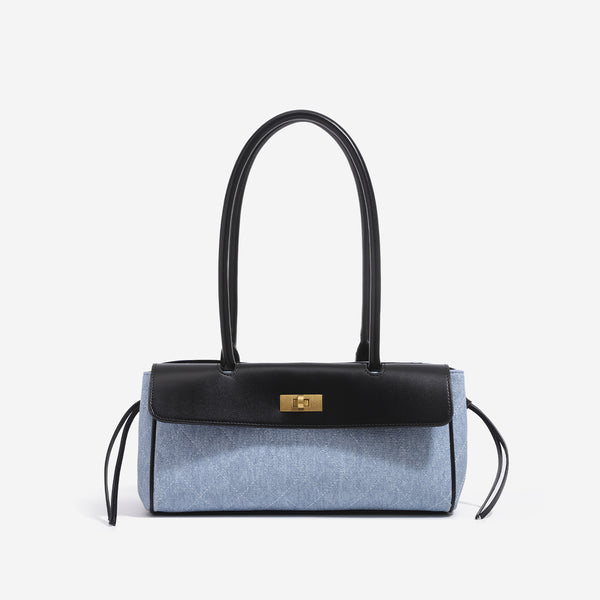 Structured rectangular baguette shoulder bag with diamond quilted lower panel, smooth flap, gold-tone turn-lock closure