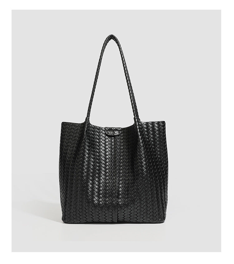 Large black basket-weave leather-look tote bag with long braided shoulder straps and matching woven zip pouch, detail view 15
