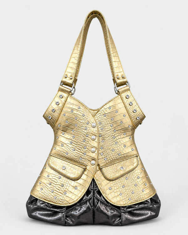 Corset-silhouette leopard-print shoulder bag with crystal and pearl-look stud hardware, front zip flap pockets, and, detail