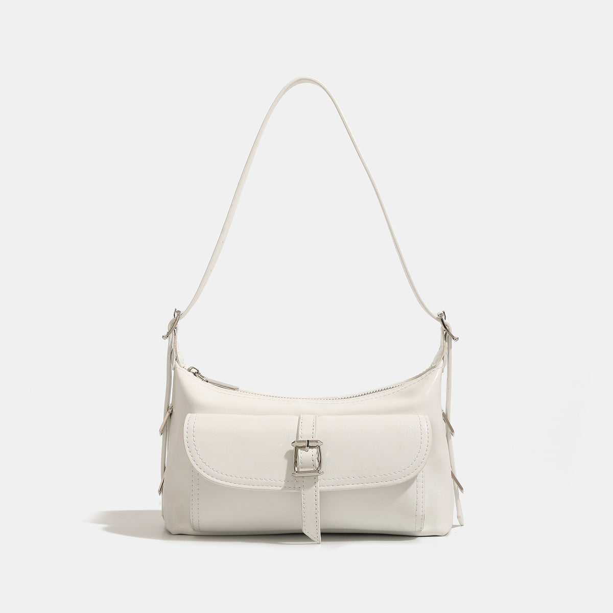 Compact glossy oil-wax leather-look shoulder bag with front buckle flap pocket and gold-tone hardware, detail view 7