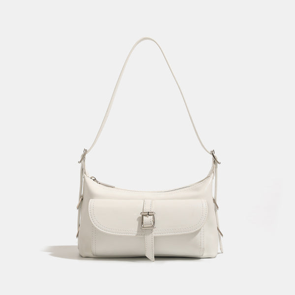 Compact glossy oil-wax leather-look shoulder bag with front buckle flap pocket and gold-tone hardware, detail view 7