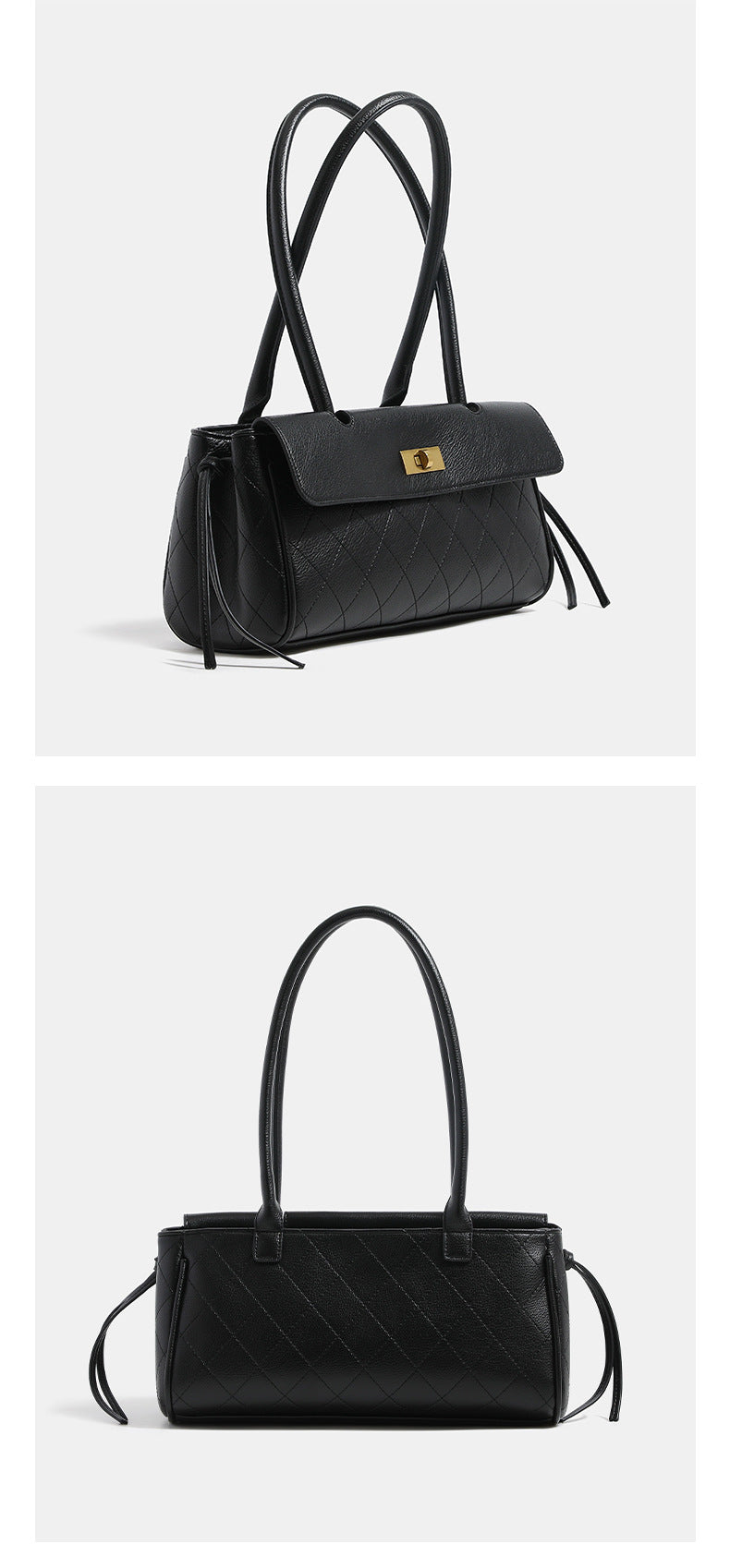Structured quilted diamond-stitch baguette handbag with gold-tone turn-lock closure and dual top handles, detail view 13