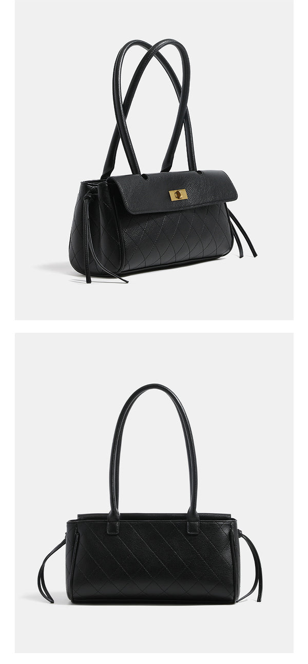 Structured quilted diamond-stitch baguette handbag with gold-tone turn-lock closure and dual top handles, detail view 13