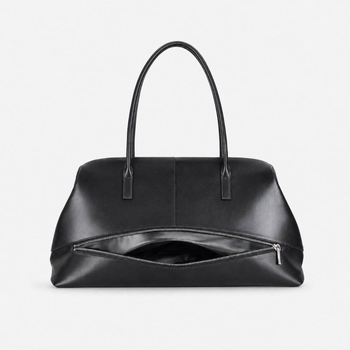 Large structured black Boston tote bag with double shoulder handles and full-length front zipper compartment, detail view 17